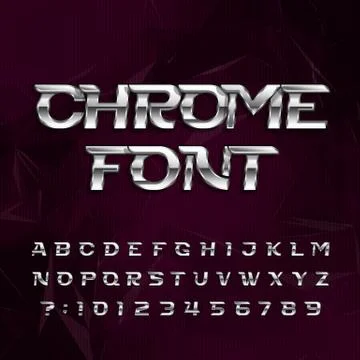 Chrome alphabet font. Metallic effect italic letters and numbers. Stock Illustration