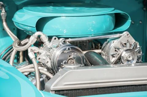 Chrome and blue engine bay Stock Photos