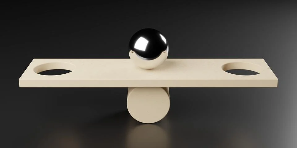 Chrome ball or sphere balancing on wooden seesaw with two holes over gray g.. Stock Illustration