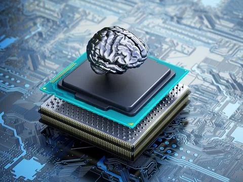 Chrome brain on the CPU installed on the mainboard. 3D illustration Stock Illustration