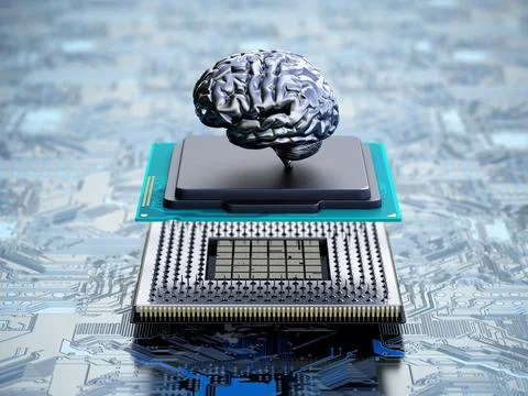 Chrome brain on the CPU installed on the mainboard. 3D illustration Illustrazione stock