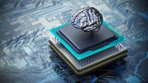Chrome brain on the CPU installed on the mainboard. 3D illustration Stock Illustration