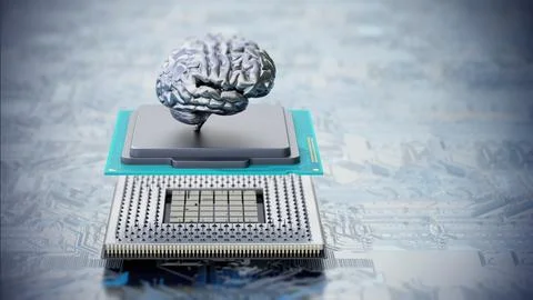 Chrome brain on the CPU installed on the mainboard. 3D illustration Stock Illustration