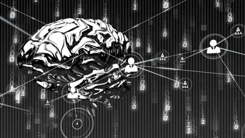 Chrome brain floating, binary falling, icons fading in, causing lines linking Stock Footage 329700998
