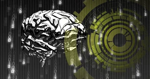Chrome brain rotating while falling binary streams and HUD pulsing, showing AI Stock Footage 333904442