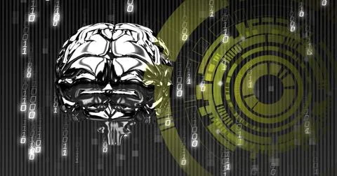 Chrome brain rotating while falling binary streams and HUD pulsing, showing AI Stock Illustration