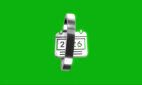 Chrome calendar icon for year 2026 spinning on green background, motion gra.. Stock Footage 346499605
