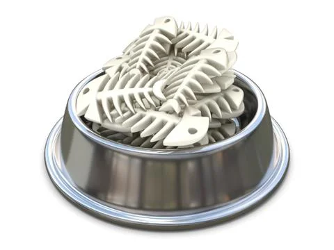 Chrome cat bowl with bones. 3D Stock Illustration