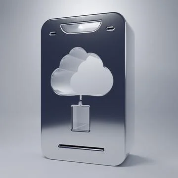 Chrome Cloud technology data transfer and storage icon isolated on grey bac.. Stock Illustration