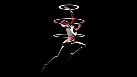 Chrome Dancer Figure Leaping Through Glowing Light Rings Vídeo Stock 346780750