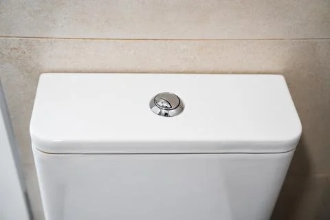 Chrome dual flush button on modern white toilet tank in clean bathroom interior Stockfoto's
