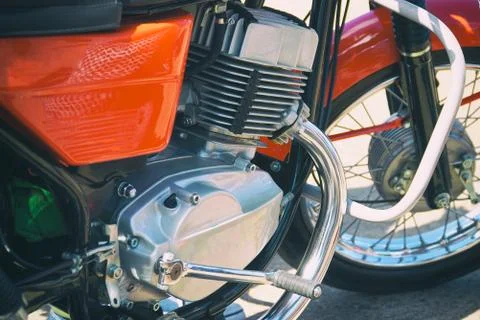Chrome engine block at the old classic motorcycle Stock Photos