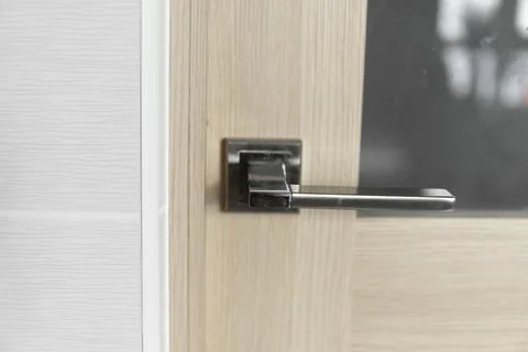 Chrome interior door handle installed on a kitchen door with a glass elements. Foto stock