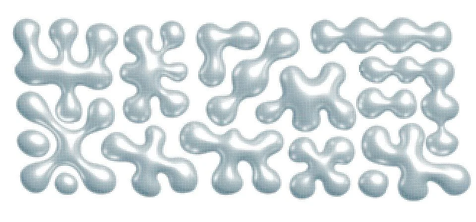 Chrome liquid 3d shapes set in y2k in dotted halftone style isolated on a Stock Illustration