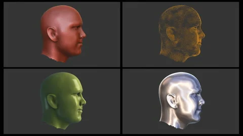 Chrome liquid, Wireframe, Glossy reflection, Diffuse Shaders materials. 3D Head. Vídeos de archivo 130517199