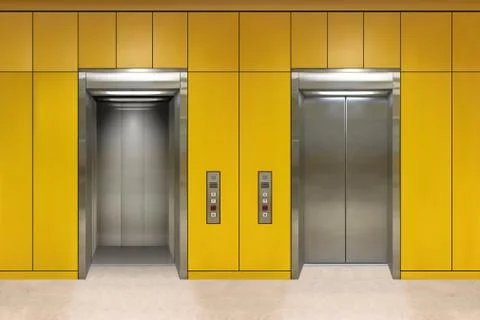Chrome metal office building elevator doors. Open and closed variant. Realistic Ilustración de archivo