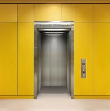 Chrome metal office building elevator doors. Open and closed variant. Realistic Ilustración de archivo