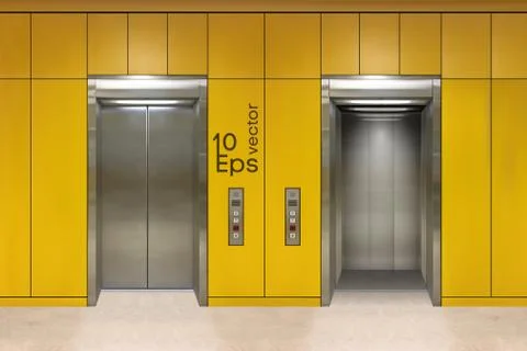 Chrome metal office building elevator doors. Open and closed variant. Realistic Ilustración de archivo
