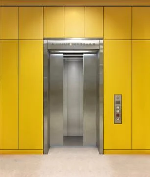 Chrome metal office building elevator doors. Open and closed variant. Realistic Иллюстрация