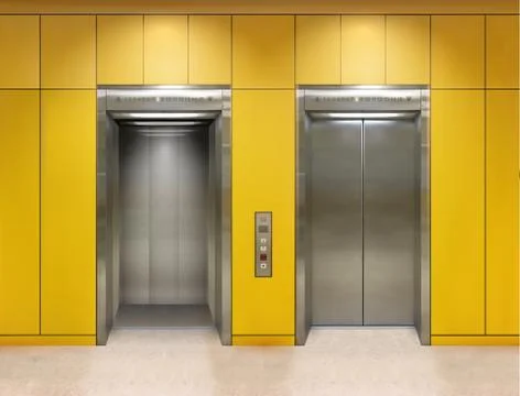 Chrome metal office building elevator doors. Open and closed variant. Realistic Illustrazione stock