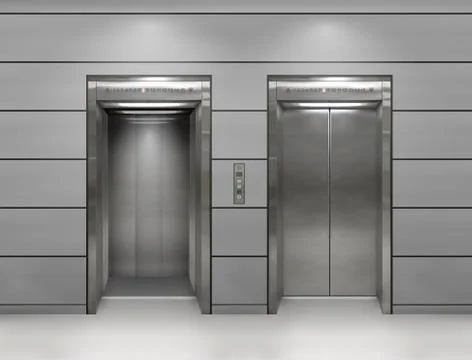 Chrome metal office building elevator doors. Open and closed variant. Realistic Ilustración de archivo