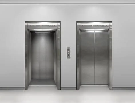 Chrome metal office building elevator doors. Open and closed variant. Realistic Stock Illustration