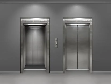 Chrome metal office building elevator doors. Open and closed variant. Realistic Stock Illustration