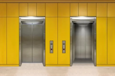 Chrome metal office building elevator doors. Open and closed variant. Realistic Ilustración de archivo