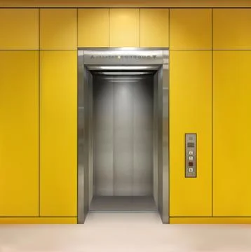 Chrome metal office building elevator doors. Open and closed variant. Realistic Ilustración de archivo