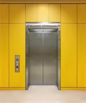 Chrome metal office building elevator doors. Open and closed variant. Realistic Ilustración de archivo