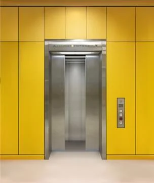 Chrome metal office building elevator doors. Open and closed variant. Realistic Ilustración de archivo