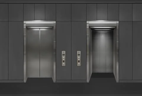 Chrome metal office building elevator doors. Open and closed variant. Realistic Ilustración de archivo