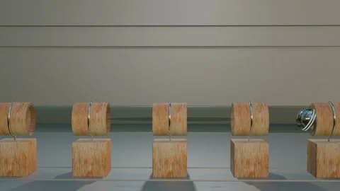 A chrome metal sphere rolls back and forth in a wood and glass tube. 3d render.  Stock Footage 163868622