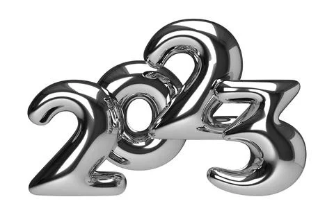 Chrome numbers 2023 in puffy comic style. Realistic silver 3d sign. New Year Stock Illustration