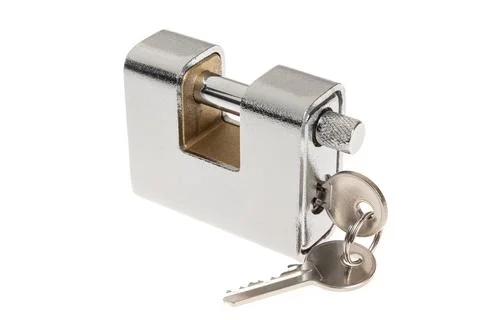 Chrome padlock with a key in the lock, isolated on a white. Concept for sec.. Stock-Fotos