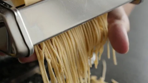 Chrome pasta machine processed Italian spaghetti Video stock 77748288