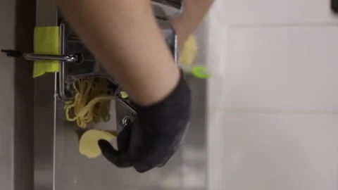 Chrome pasta machine processed Italian spaghetti. Reels. Stock Footage 262007855