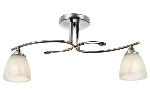 Chrome plated double lamp ceiling lamp with matt white shades Stock Photos