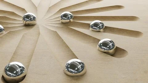 Chrome plated iron balls roll on a Japanese-style wooden pattern. An image of Stock Illustration