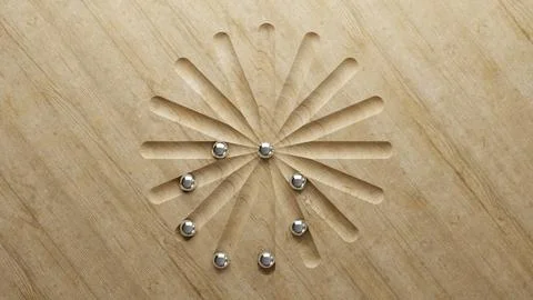 Chrome plated iron balls roll on a Japanese-style wooden pattern. An image of Stock Illustration
