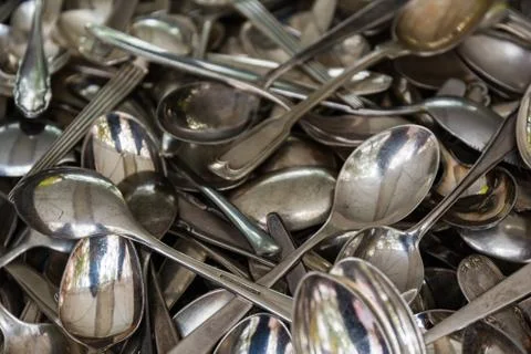 Chrome Polished Spoons Tea SIlverware Drawer Metal Silver Vintage Many Stock Photos