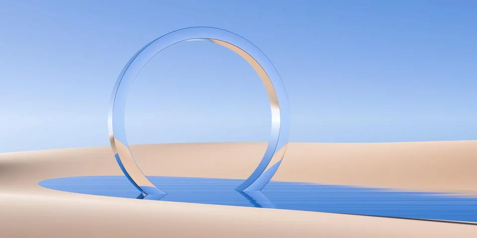 Chrome retro ring object in surreal abstract desert landscape with lake and.. Stock Illustration