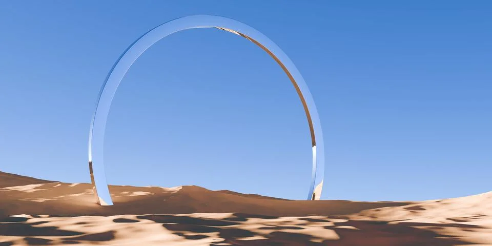 Chrome retro ring portal object in surreal abstract desert landscape with b.. Stock Illustration