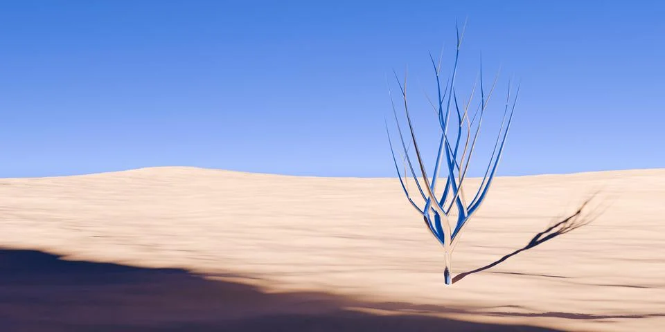 Chrome retro tree object in surreal abstract desert landscape with blue sky.. Stock Illustration