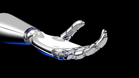 Chrome Robot Hand Beckoning Motion Over Black Isolated 3D Animation Stock Footage 106042027