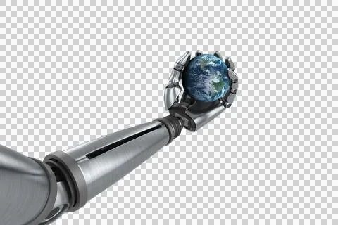 Chrome robotic hand holding globe Stock Illustration