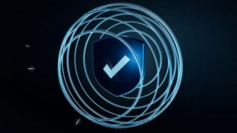 Chrome Shield With Verified Check Mark In A Ring Tunnel And Drifting Particles 動画素材 342910976