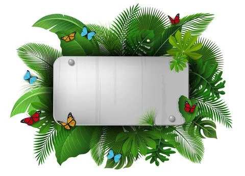 Chrome Sign with Text Space of Tropical Leaves and Butterflies. Suitable Fo.. Stock-Illustration