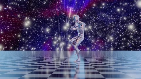 Chrome silver dancer dances on a checked floor with stars Stock Footage 246783291