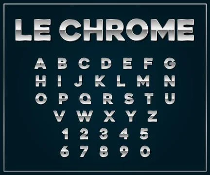 Chrome Silver Metallic Font Set. Letters, Numbers in Vector Stock Illustration